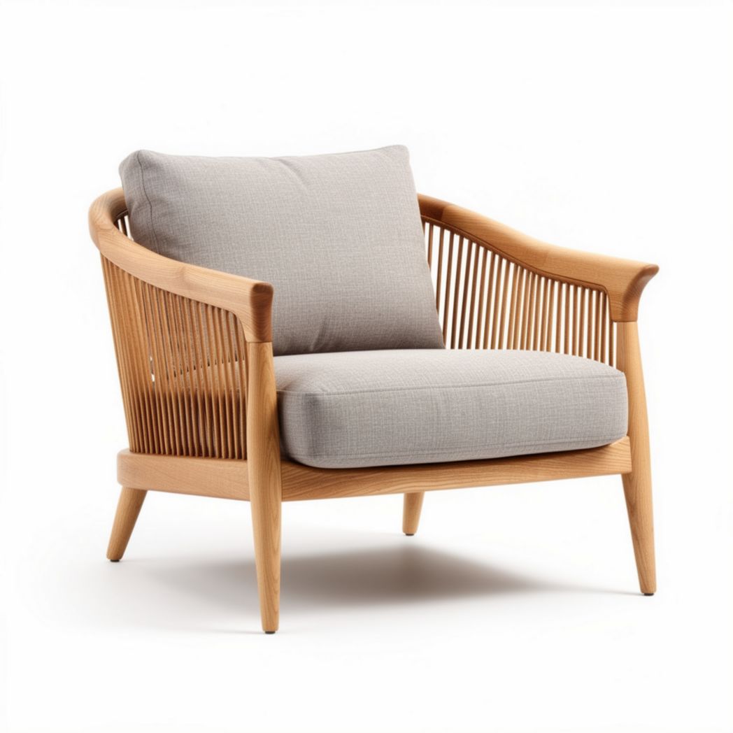 Wooden armchair with light gray fabric cushion and natural finish 75 x 80 x 85cm
