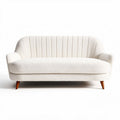 Two-seater sofa upholstered in white boucle fabric with wooden legs