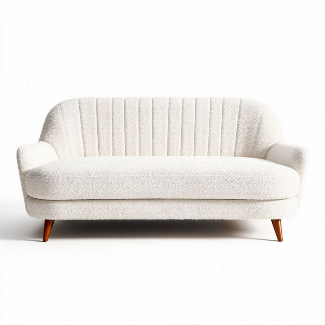 Two-seater sofa upholstered in white boucle fabric with wooden legs