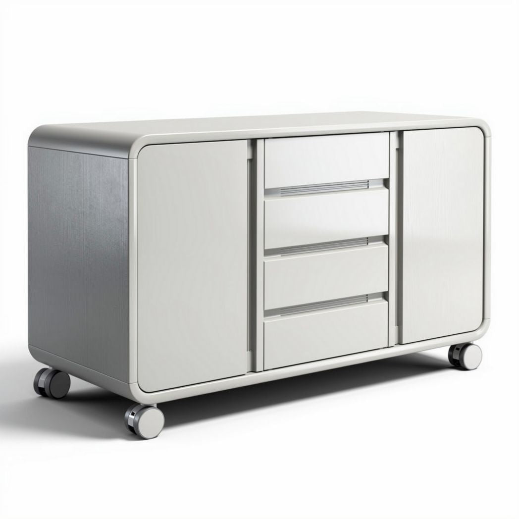 Modern storage cabinet on wheels with four drawers and two doors 90 x 45 x 60cm in white