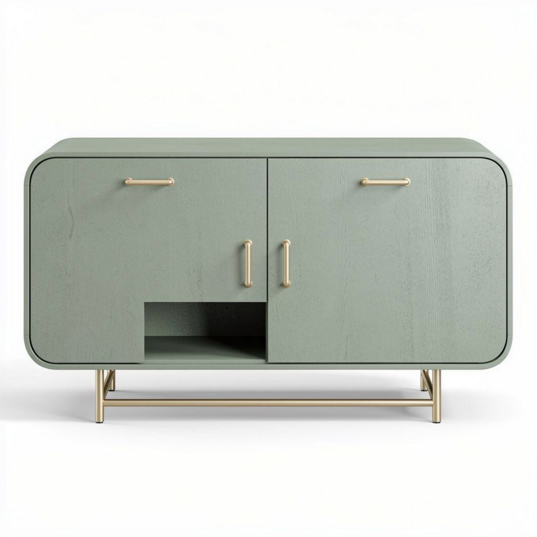 Green wood sideboard cabinet with gold handles and open shelf 100 x 40 x 70cm