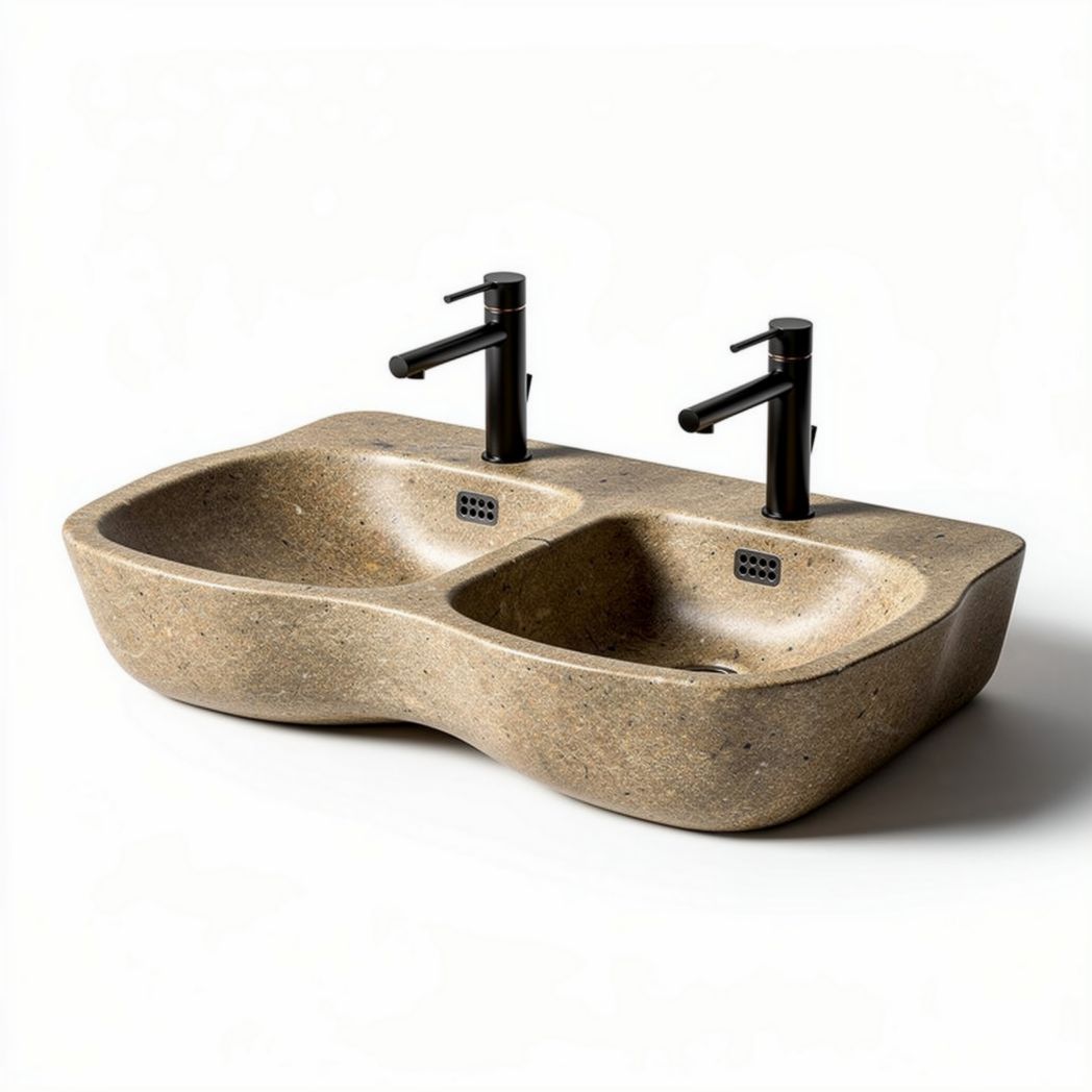 Double sink bathroom vanity in natural stone 80 x 45 x 15cm with black faucets