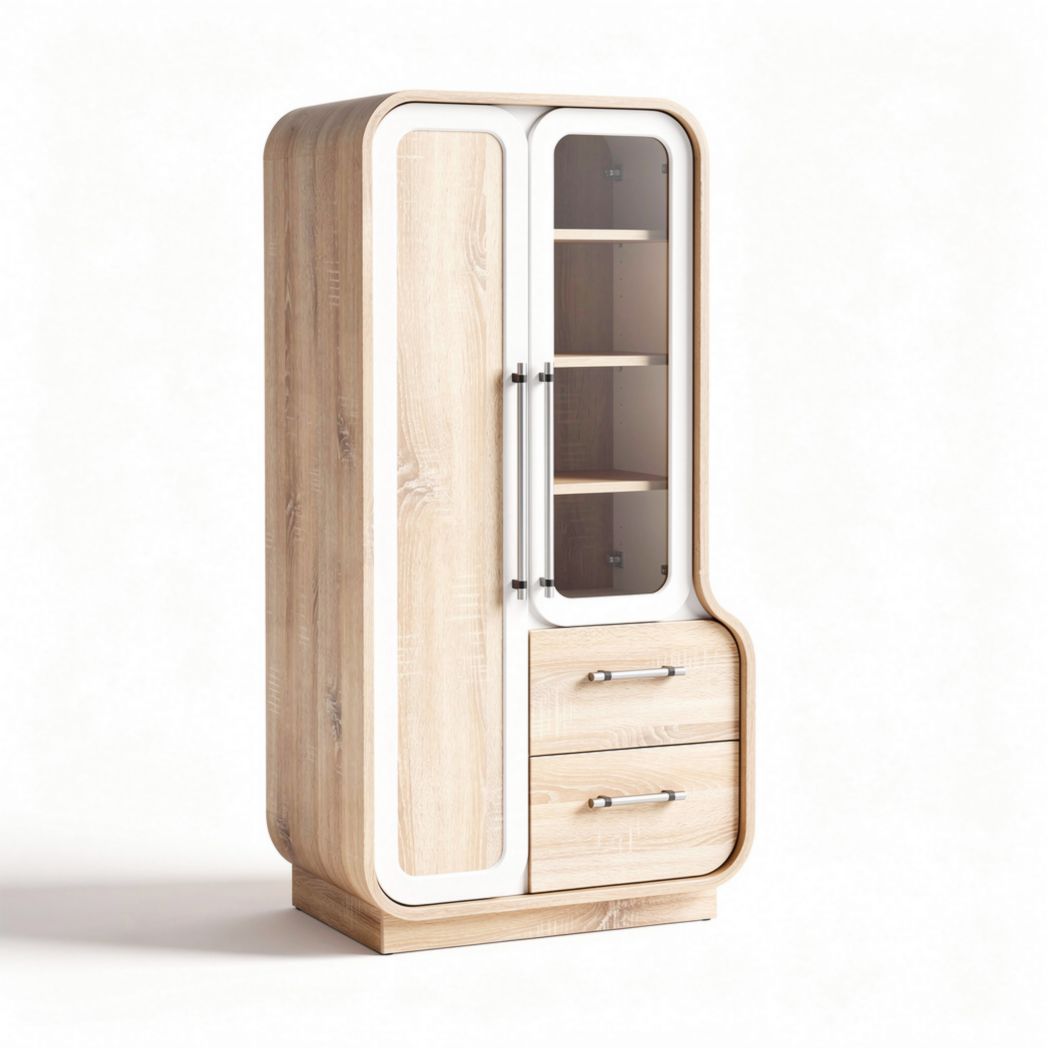 Grey wooden storage cabinet with glass doors 50 x 30 x 180cm for kitchen and living room