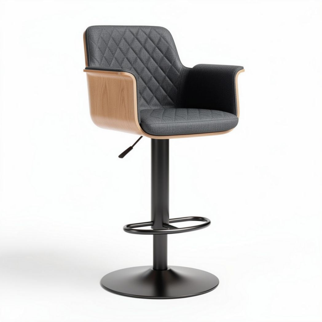 Adjustable bar stool with diamond quilted fabric seat and wooden backrest 45 x 45 x 110cm