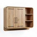 Wall-mounted storage cabinet in natural wood finish with two doors and three shelves