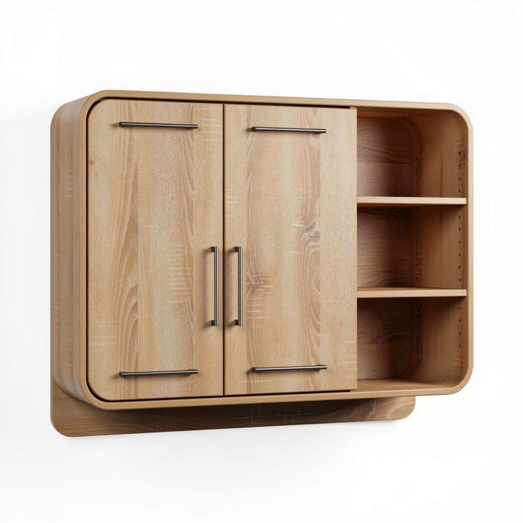 Wall-mounted storage cabinet in natural wood finish with two doors and three shelves