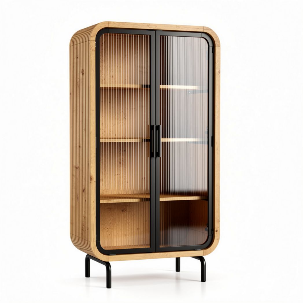 Wood and glass storage cabinet with shelves 80 x 40 x 180cm black and natural finish