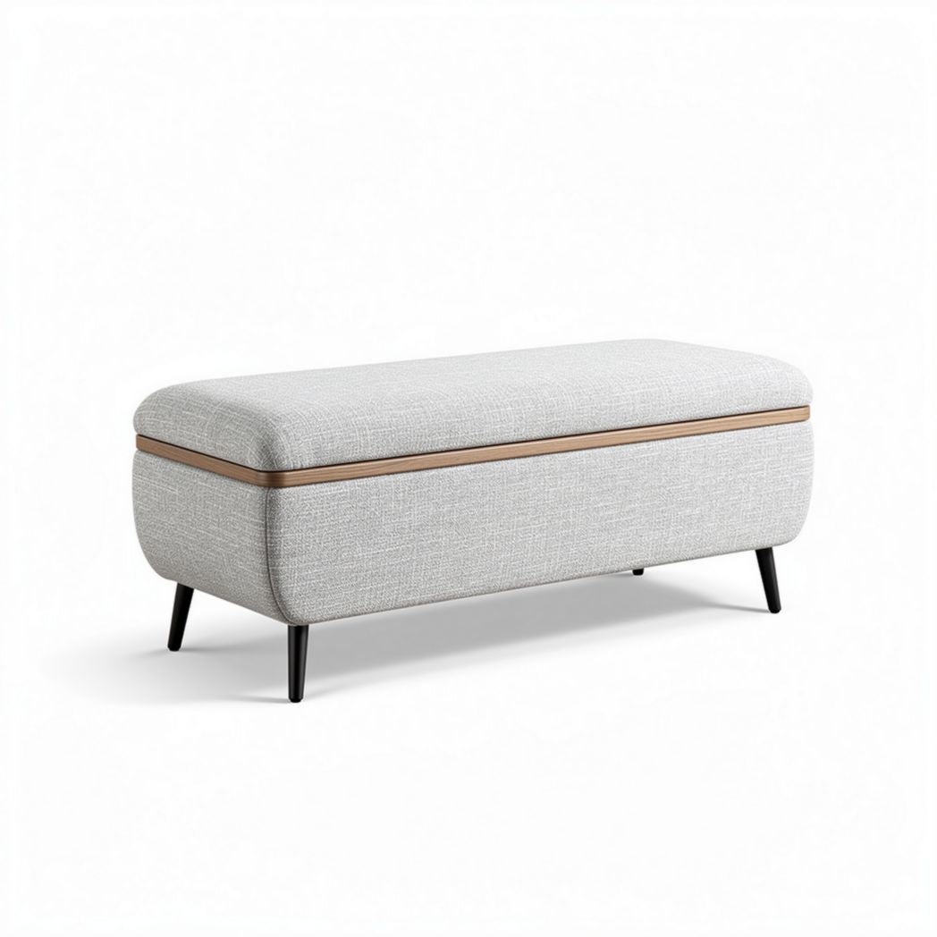 Storage ottoman in grey fabric with wooden trim 100 x 40 x 45cm