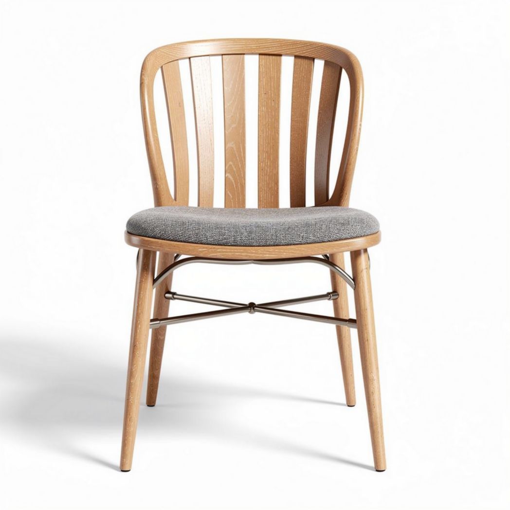 Solid wood dining chair with gray upholstered seat and curved back 45 x 50 x 85cm