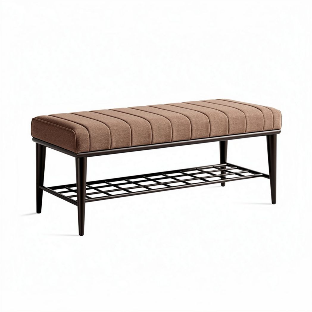 Upholstered storage bench with metal frame and grid shelf 120 x 40 x 45cm